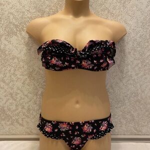 Victoria's Secret Black and Pink Floral Polka Dot Ruffle Bikini